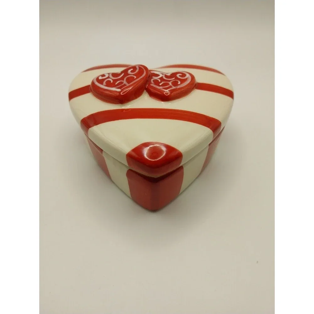 Vintage Ceramic Heart Trinket Box Candy Striped Red White Hand Painted Valentine